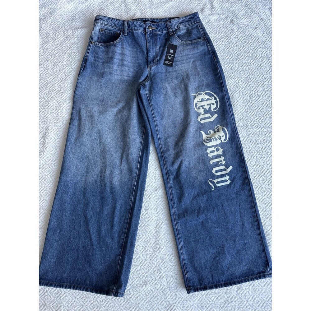 NWT Ed Hardy Womens Denim Jeans Baggy Wide Leg Born Free Birds Y2K Size 34